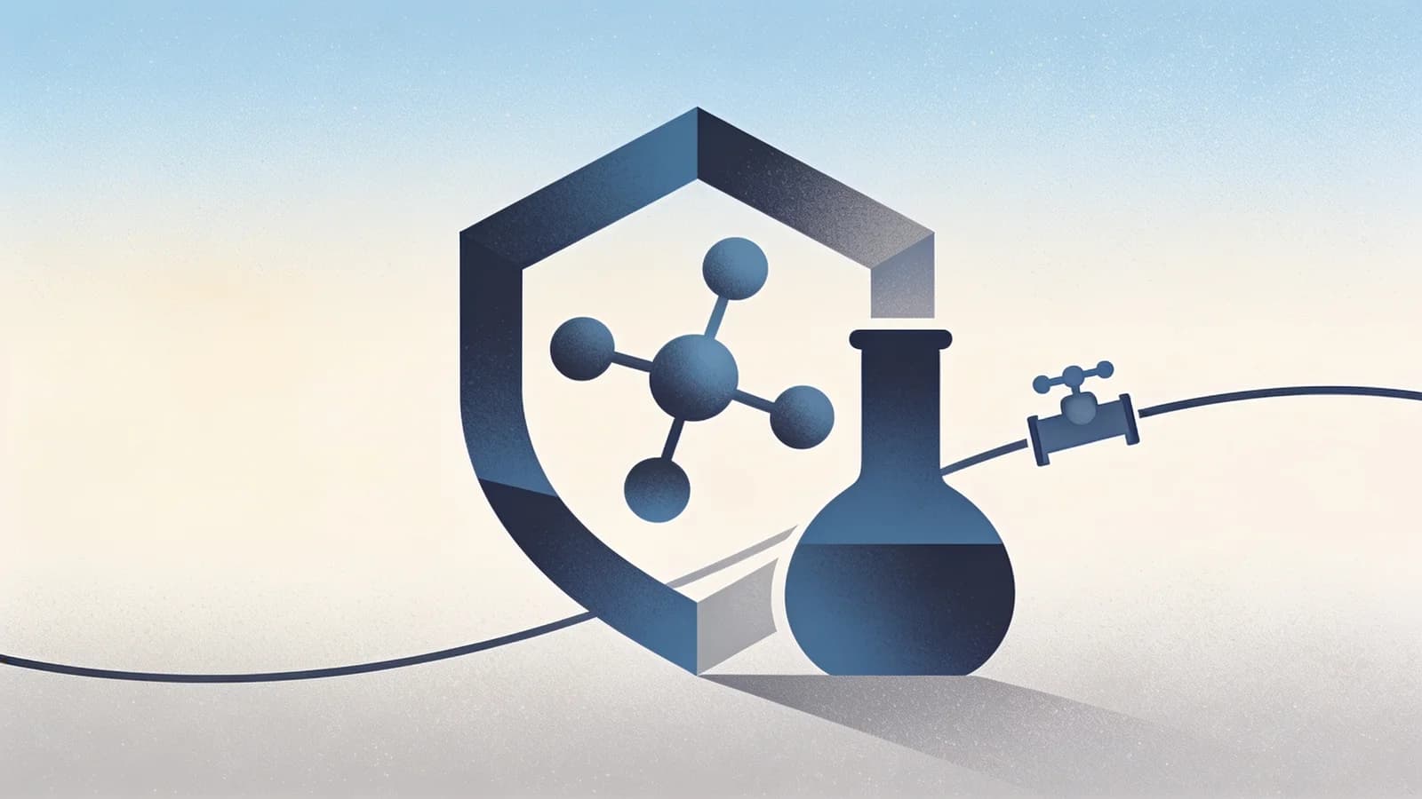 Abstract laboratory illustration of a molecular structure and protective shield motif in soft blue…