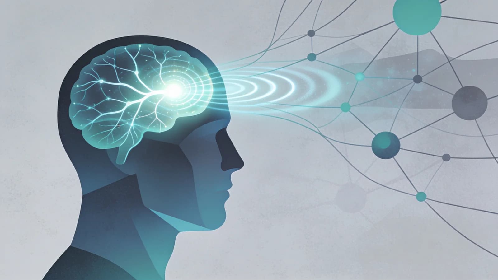 Abstract illustration of a human head in profile with luminous prefrontal circuits and…