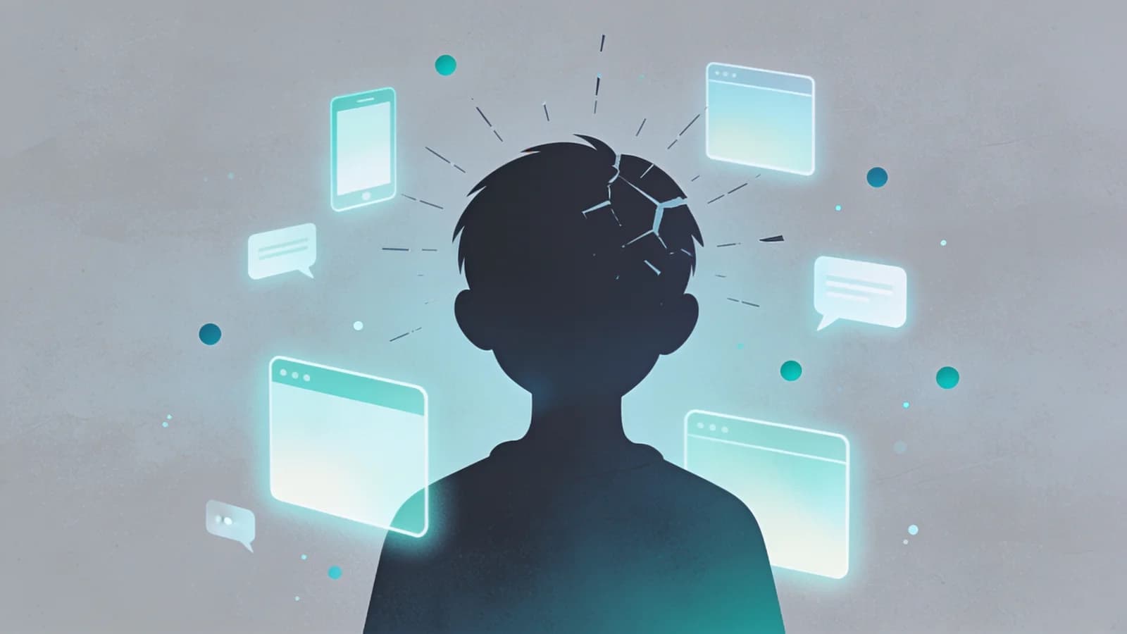 Clean editorial illustration of an adolescent silhouette with fragmented attention pathways and…