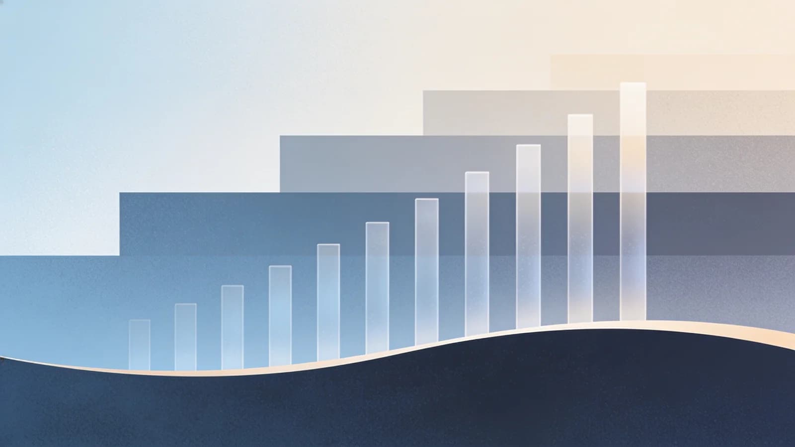 Clean editorial illustration of ascending geometric columns beside a calm horizontal wave line in…