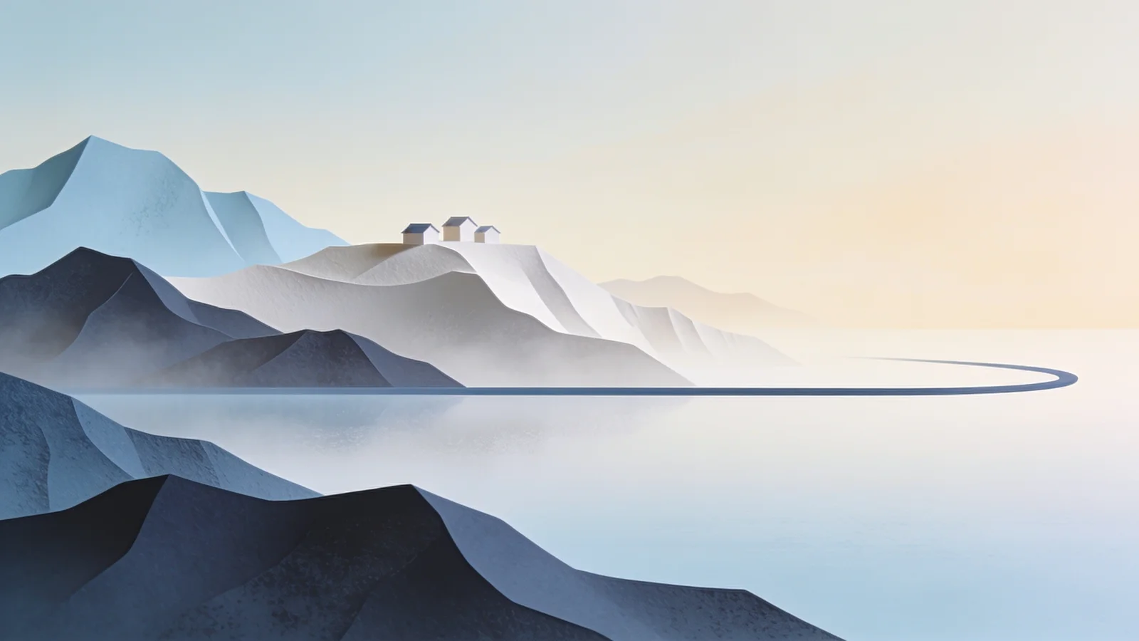 Clean editorial illustration of layered paper-cut mountain ridges above still water, with three…