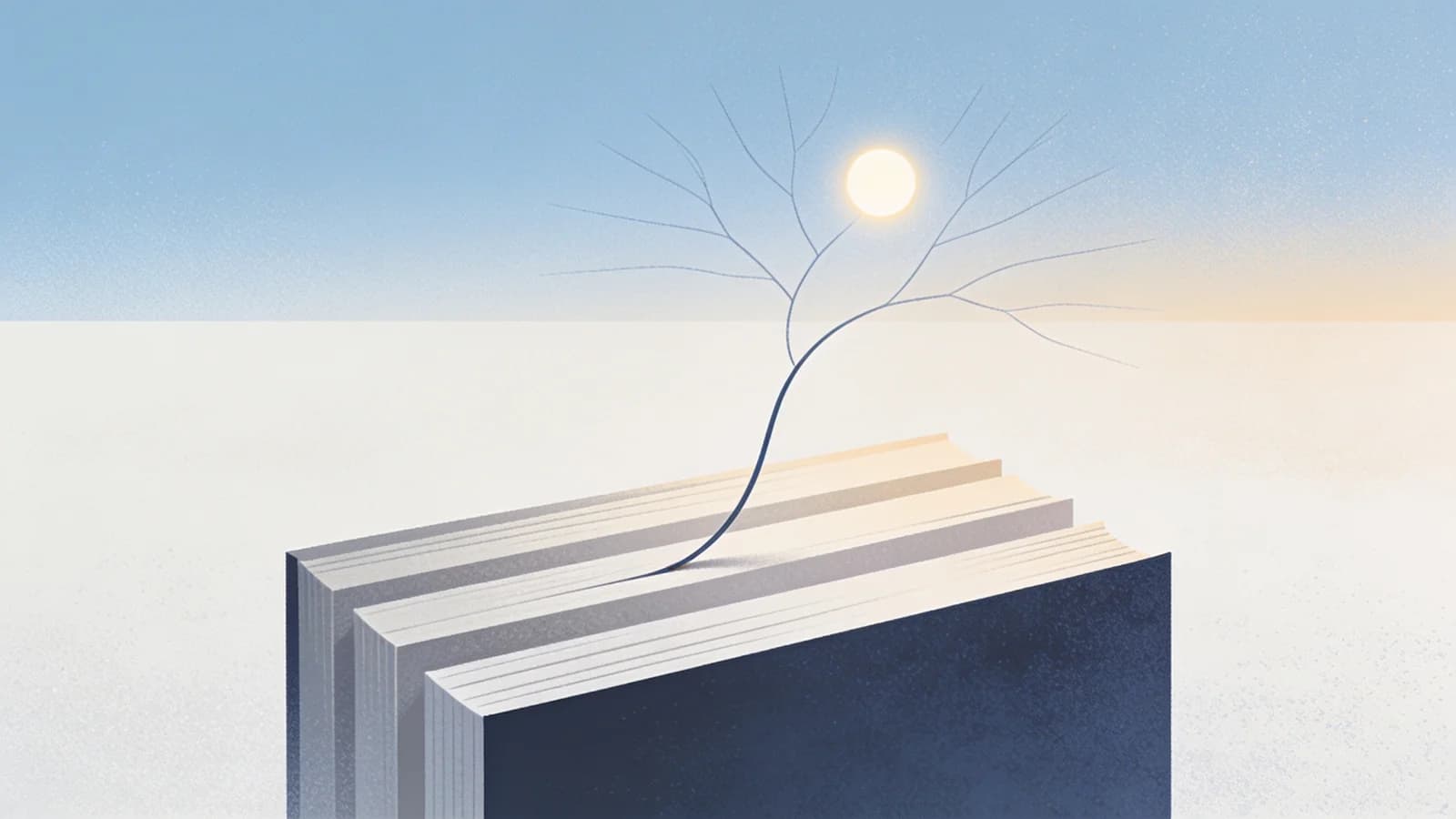 Clean editorial illustration of a slender branching line rising from stacked layered slabs toward…