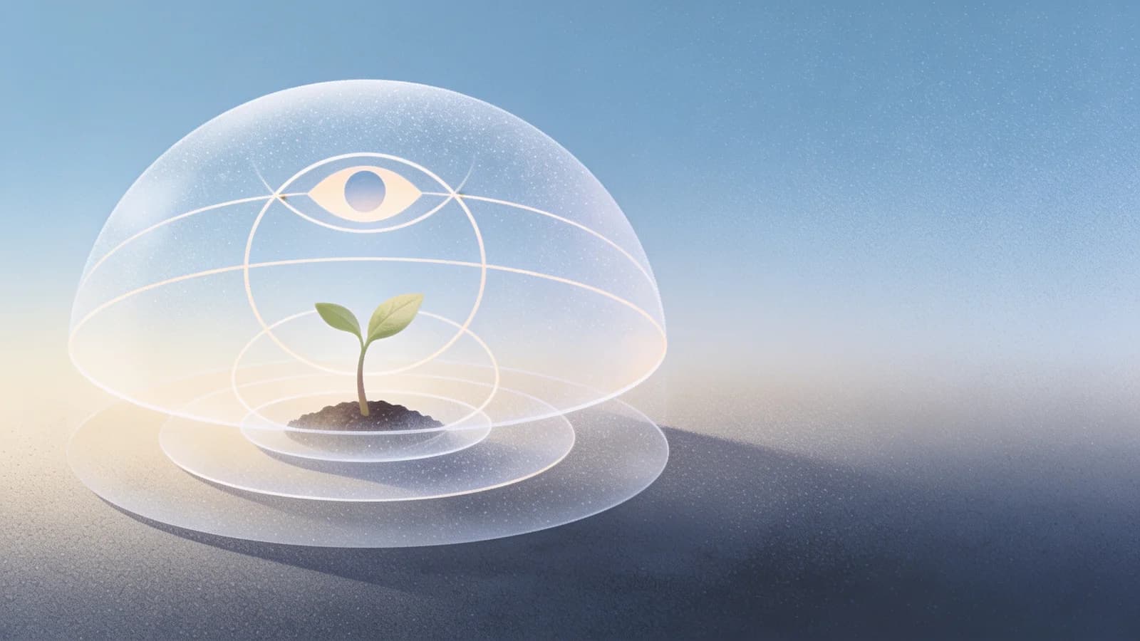 Clean editorial illustration of a small sprouting seedling protected inside overlapping…