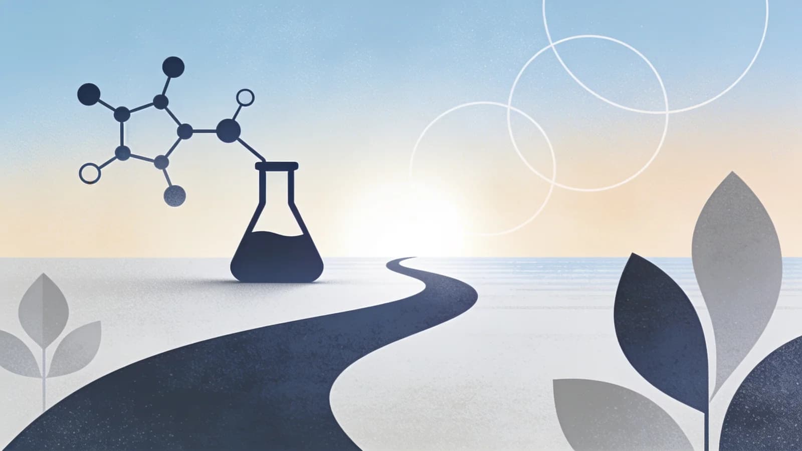 Abstract editorial illustration of a molecular structure and laboratory flask connected by a…