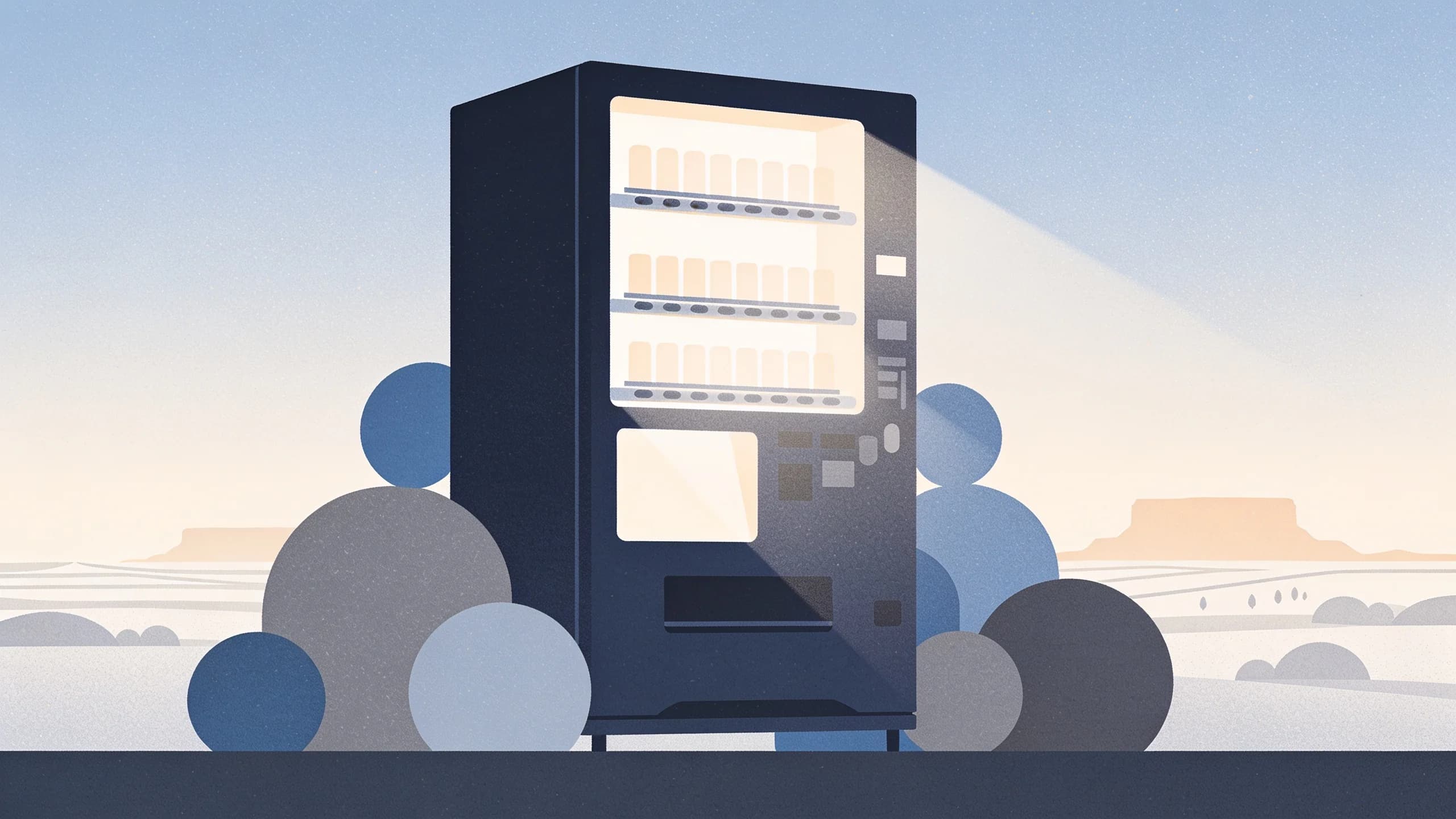 Minimalist editorial illustration of an empty vending machine silhouette with soft light,…