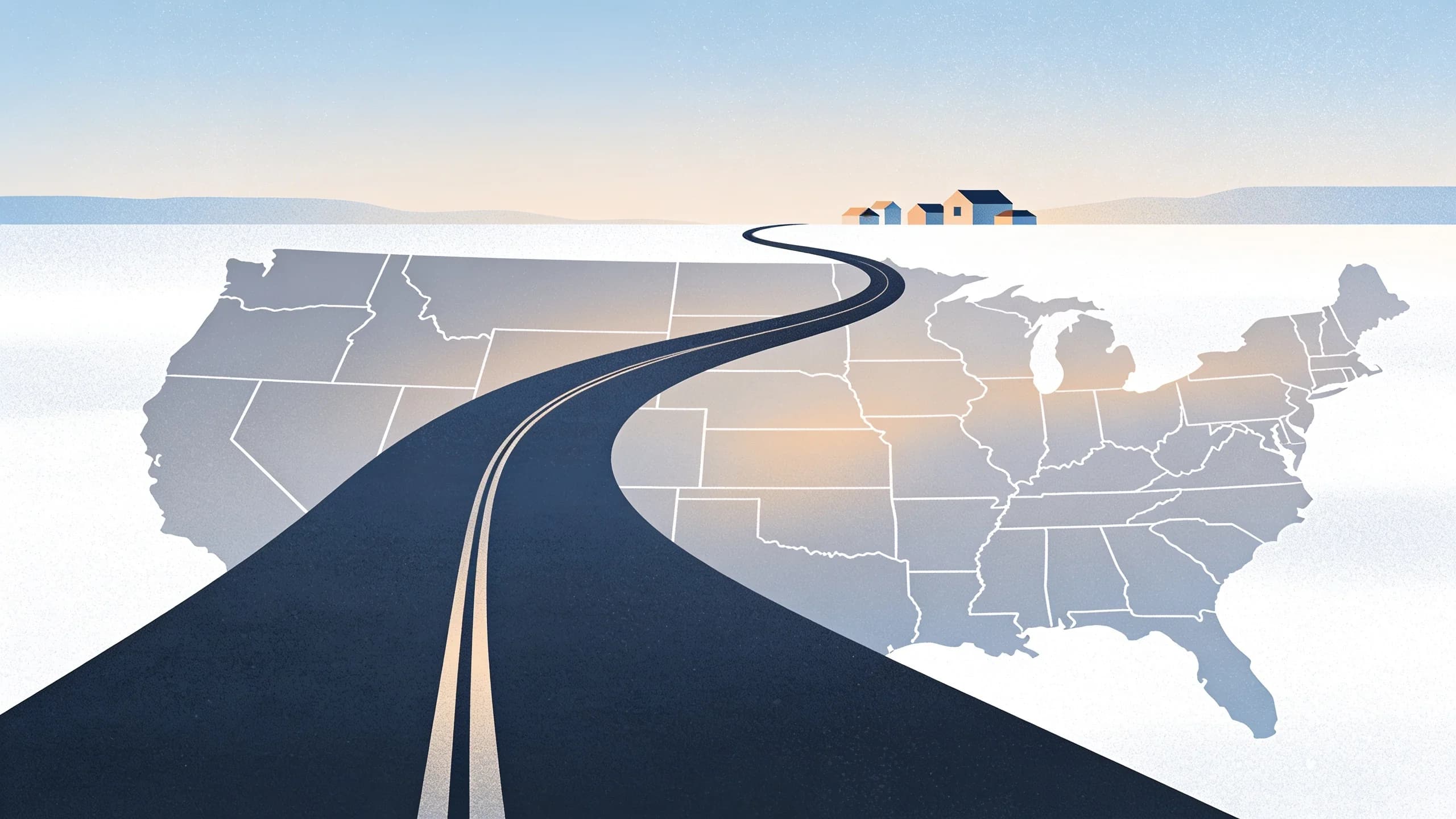Minimalist editorial illustration of a winding rural road across open landscape, representing…