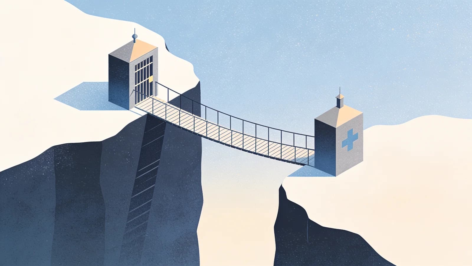 Abstract illustration of a bridge connecting incarceration to treatment, with geometric shapes…