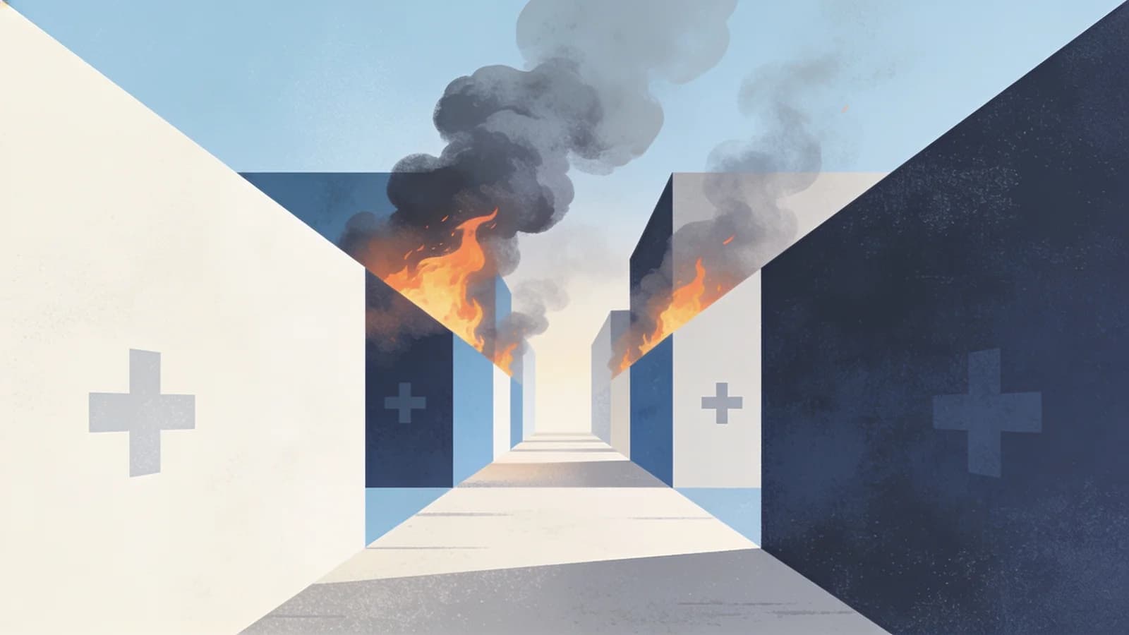 Abstract illustration of wildfire smoke obscuring a pathway to medical care, with subtle medical…