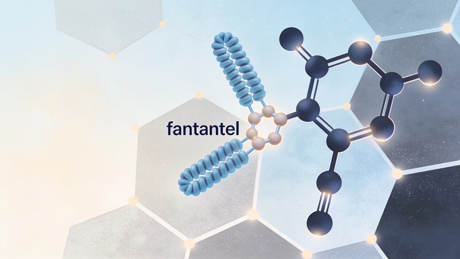 Abstract molecular structure with antibodies binding to fentanyl molecules, clean editorial…