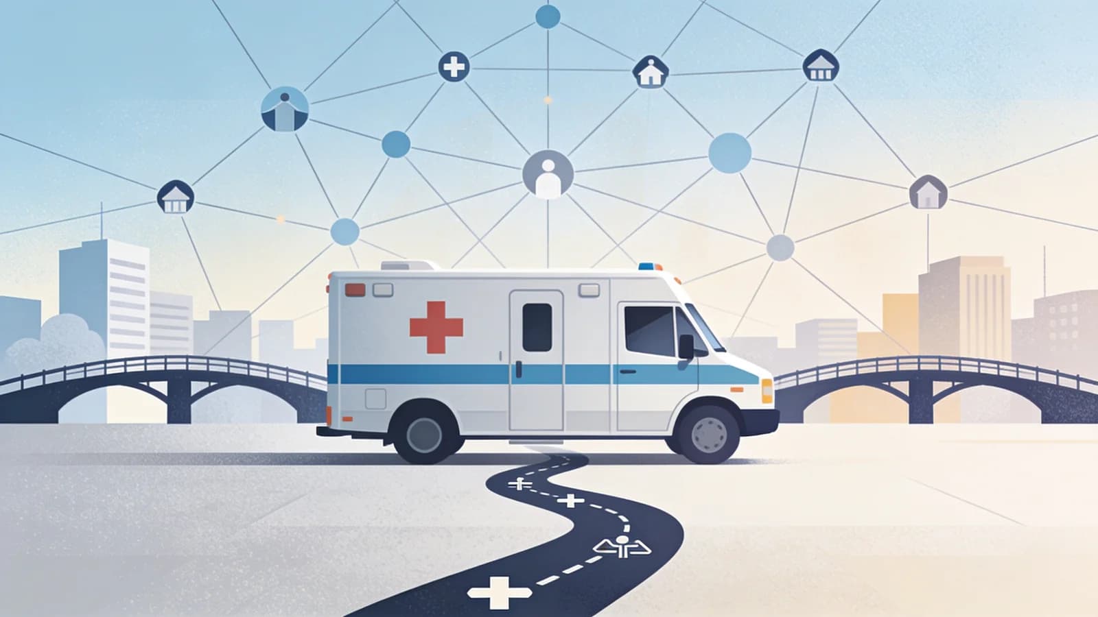Mobile medical clinic van in urban setting with abstract community connections, clean editorial…