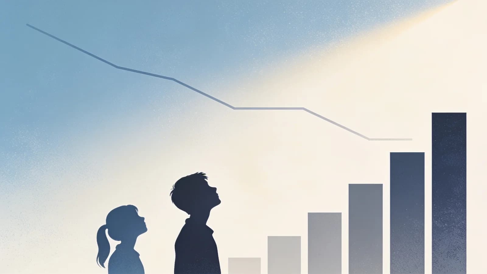 Abstract illustration showing declining trend lines with youth silhouettes and hopeful imagery