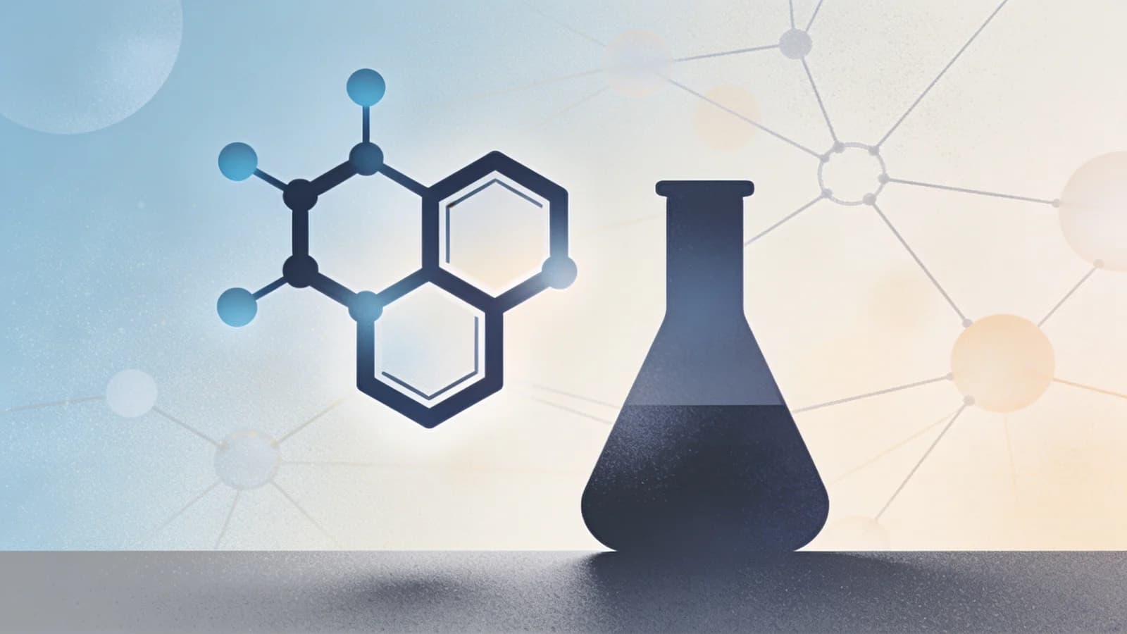 Editorial illustration of molecular structure and laboratory flask representing non-opioid pain…