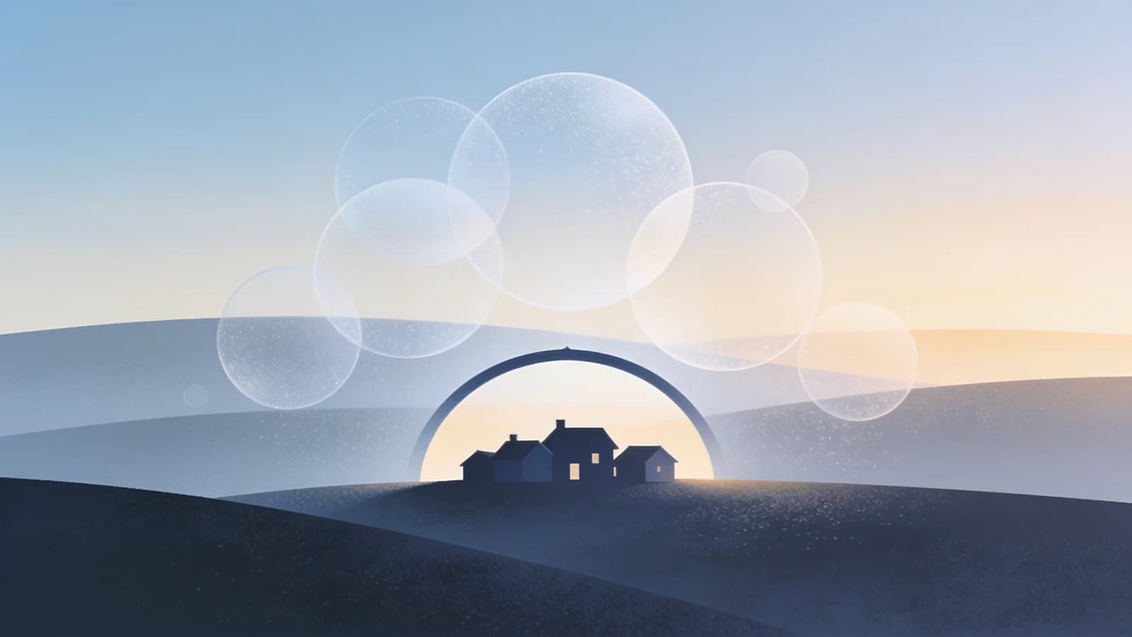 Editorial illustration of interconnected circles over a calm landscape representing community…