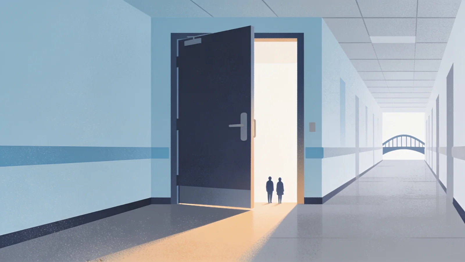 Minimal editorial illustration of a half-open hospital door with light beyond it, representing…