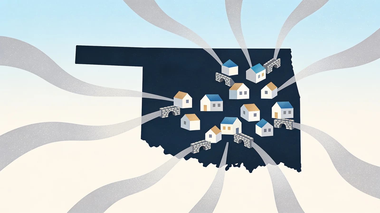 Editorial illustration of a state map outline connected by flowing lines to small community…