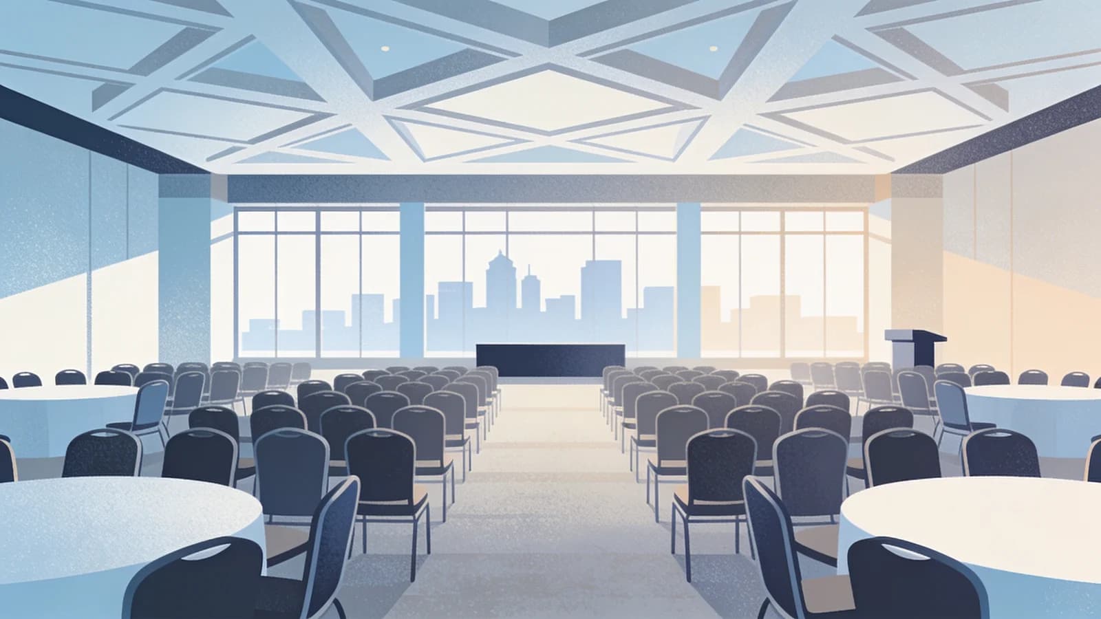 Empty elegant ballroom with chairs and tables representing cancelled fundraising gala event