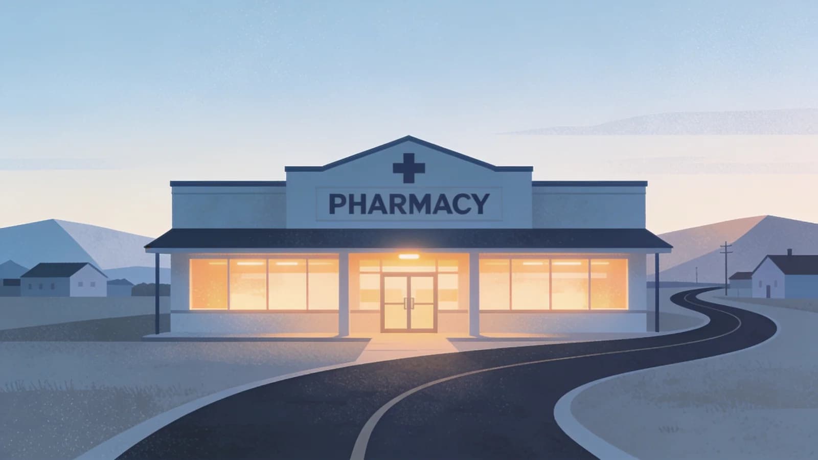 Rural pharmacy building with open door symbolizing medication access for opioid addiction treatment