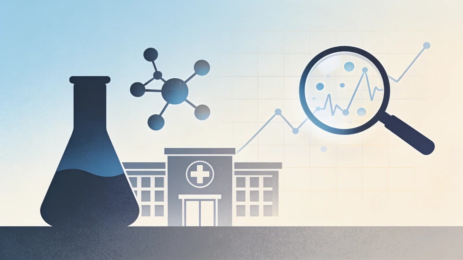 Laboratory flask and molecular structure beside a clinic building with data patterns, clean…