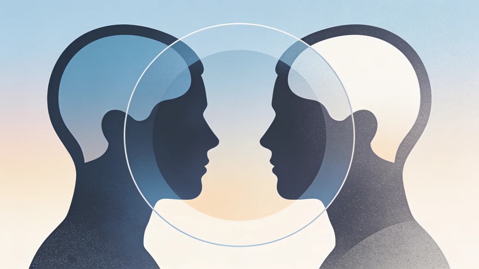 Two balanced silhouette profiles with interconnected circles between them, clean editorial…
