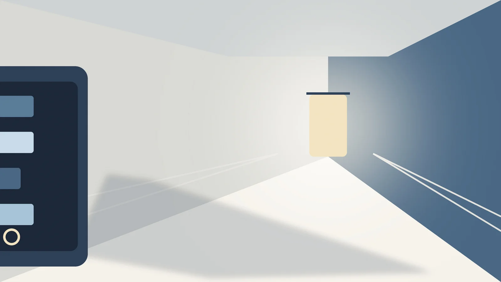 Clean editorial illustration of a smartphone silhouette casting a long shadow down a hospital…