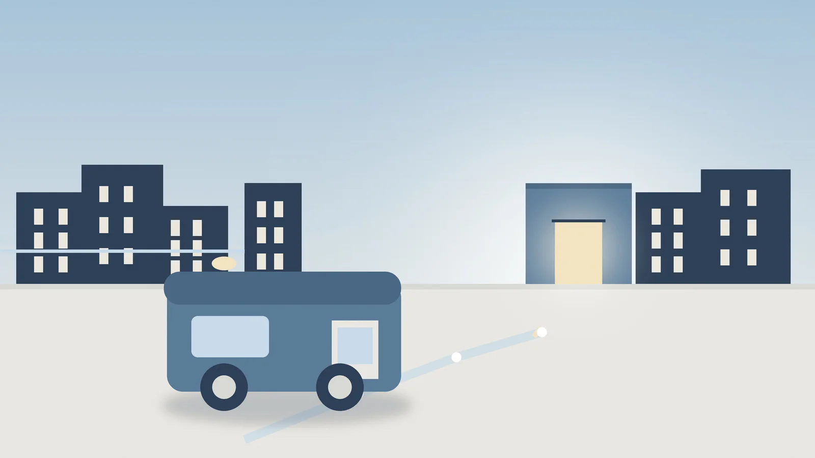 Clean editorial illustration of a small boxy vehicle parked on a city block, connected by a soft…