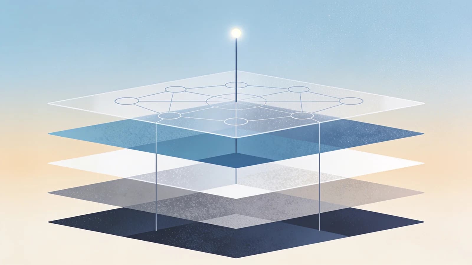 Clean editorial illustration of stacked translucent horizontal strata linked by vertical lines to…