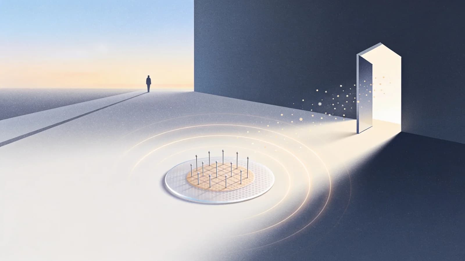Clean editorial illustration of a translucent microneedle patch shown in cross-section with a…