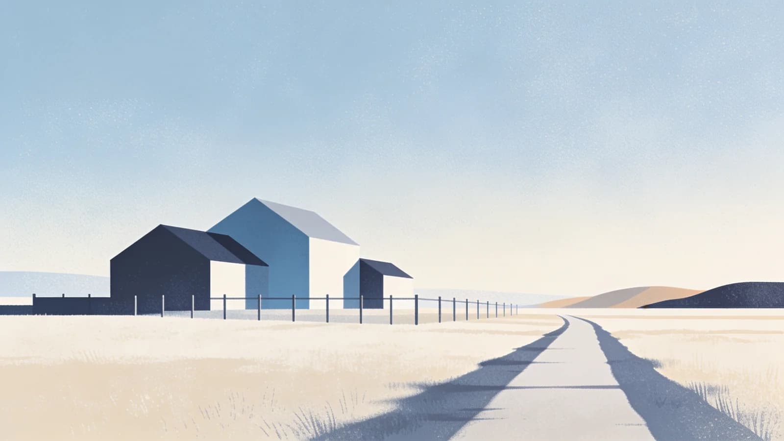 Minimal editorial illustration of a remote rural property behind a fence line, with a single…