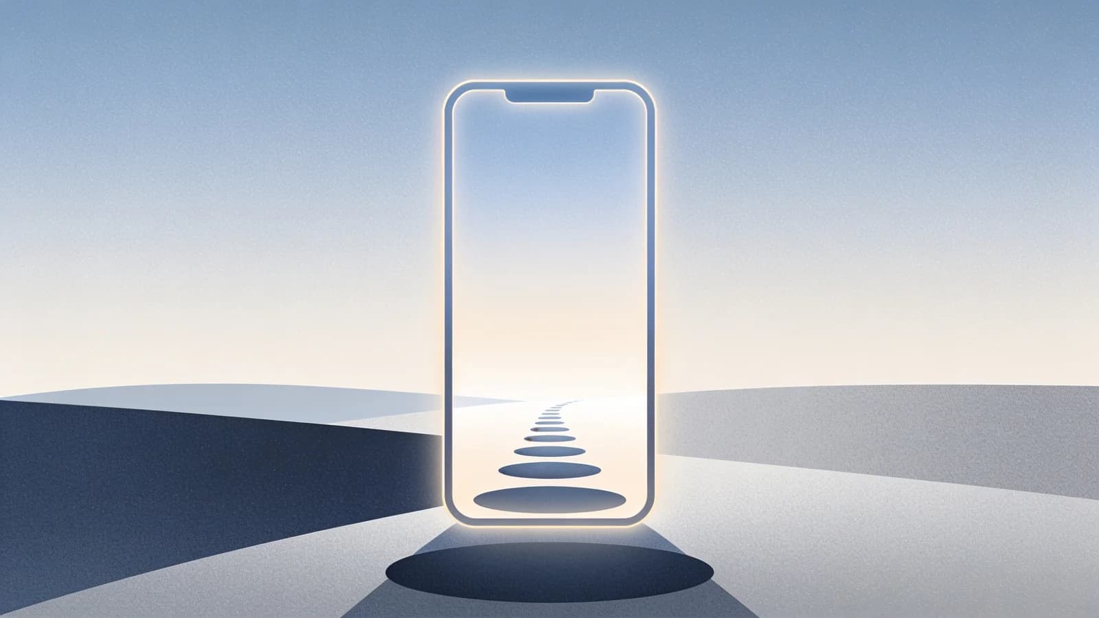 Abstract editorial illustration of a smartphone outline glowing softly over a pathway of small…