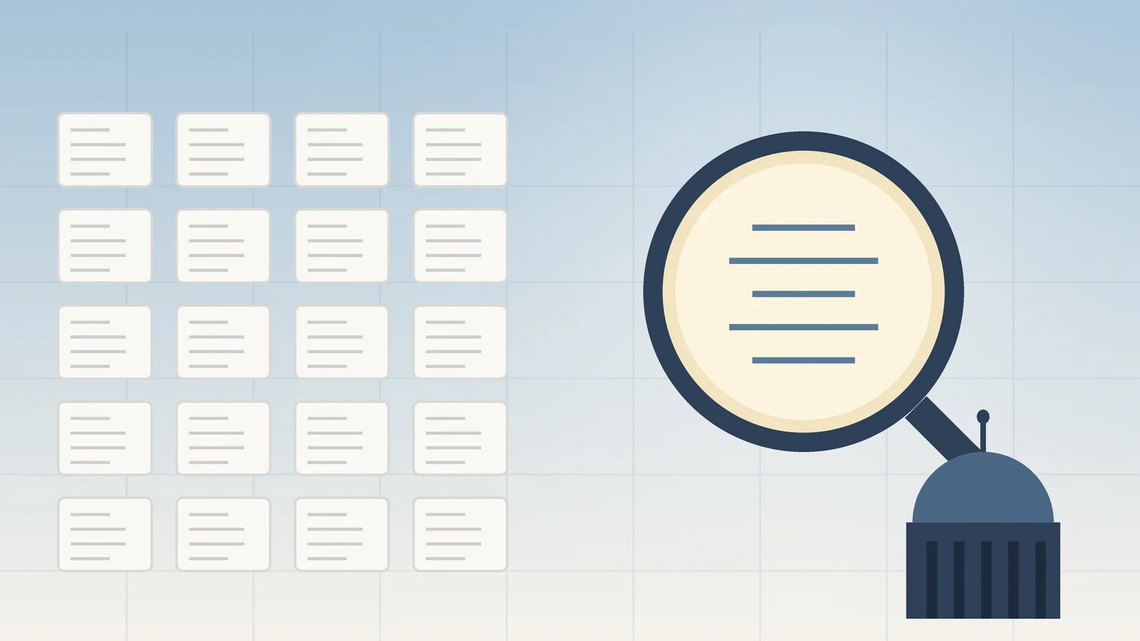 Editorial illustration of a magnifying lens over a grid of clinic record cards, with a statehouse…