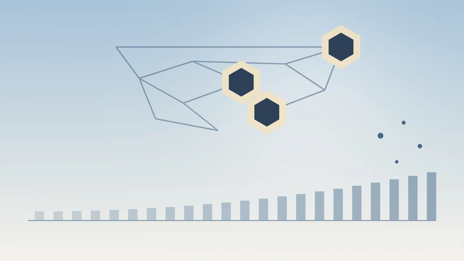 Editorial illustration of an abstract molecular lattice with scattered highlighted nodes and a…