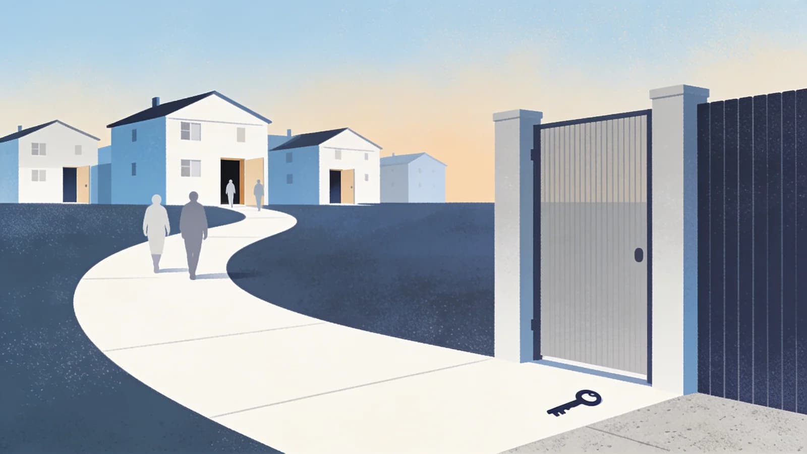 Minimal editorial illustration of a small apartment building at the end of a path, with a long…
