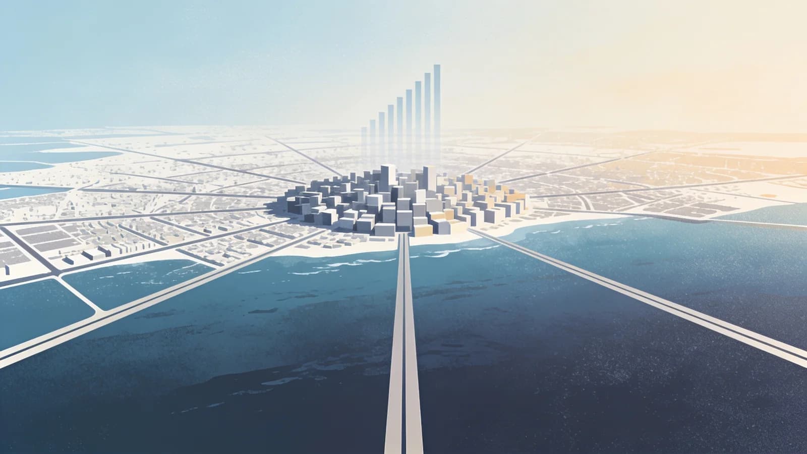 Minimal editorial illustration of an abstract coastal city grid with a dense cluster of geometric…