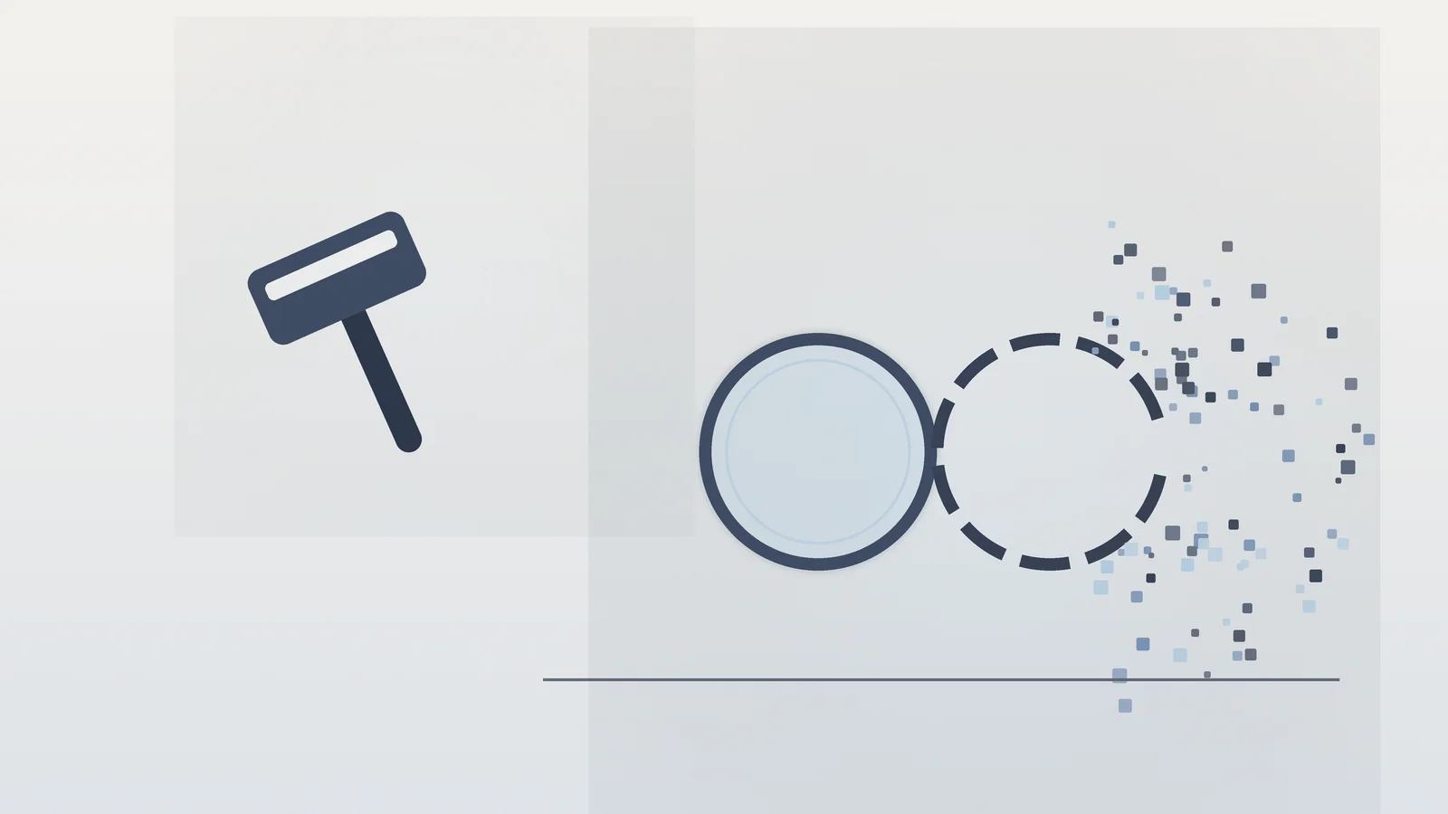 Minimal editorial illustration of a gavel silhouette beside two interlocking rings, one ring…