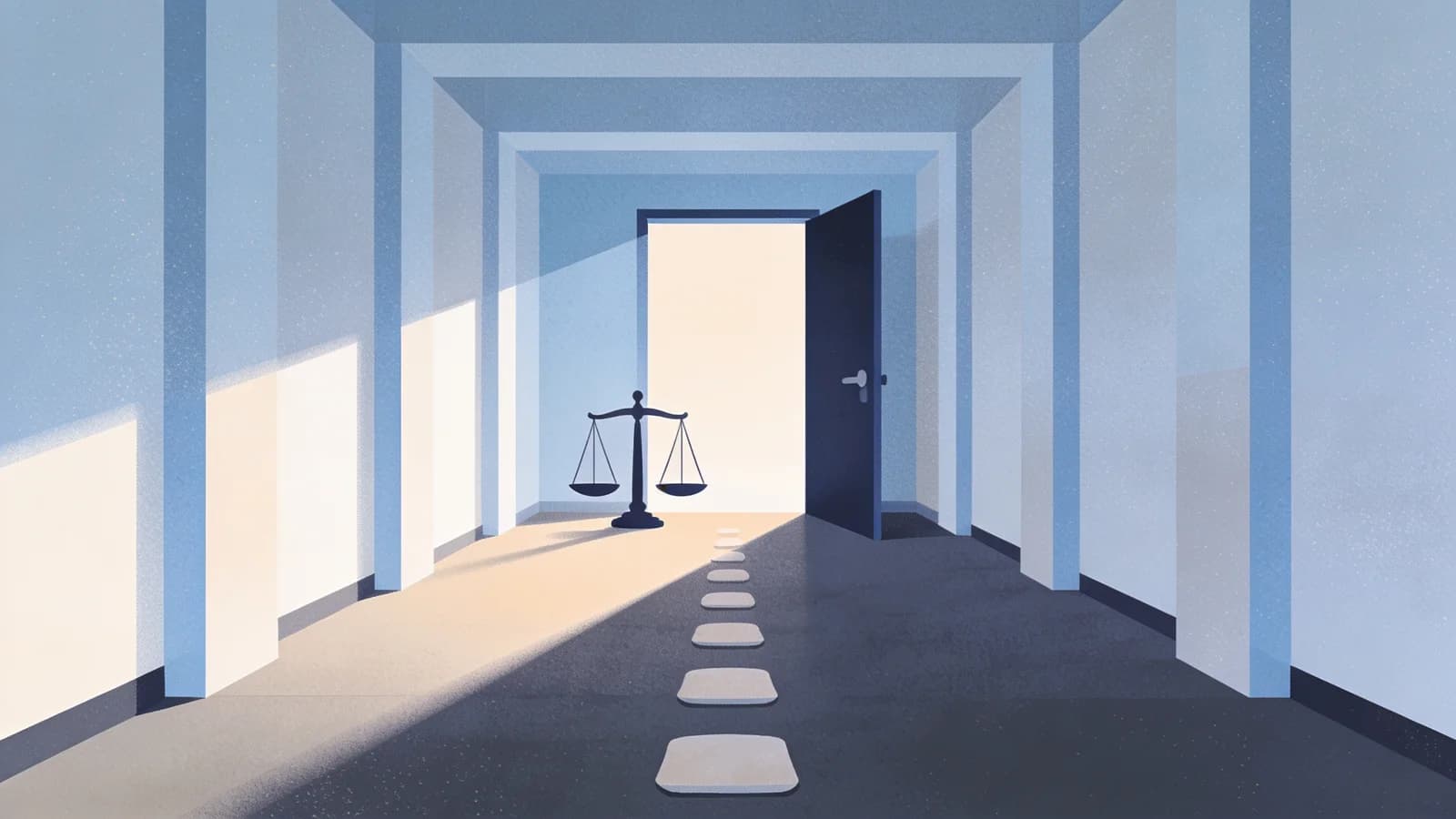 Minimal editorial illustration of a long geometric corridor with a single open doorway at the far…