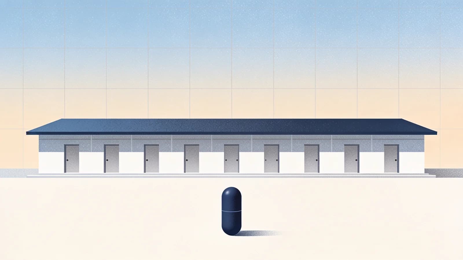 Editorial illustration of a clinic building beside a single vial shape and a flat line of unfilled…