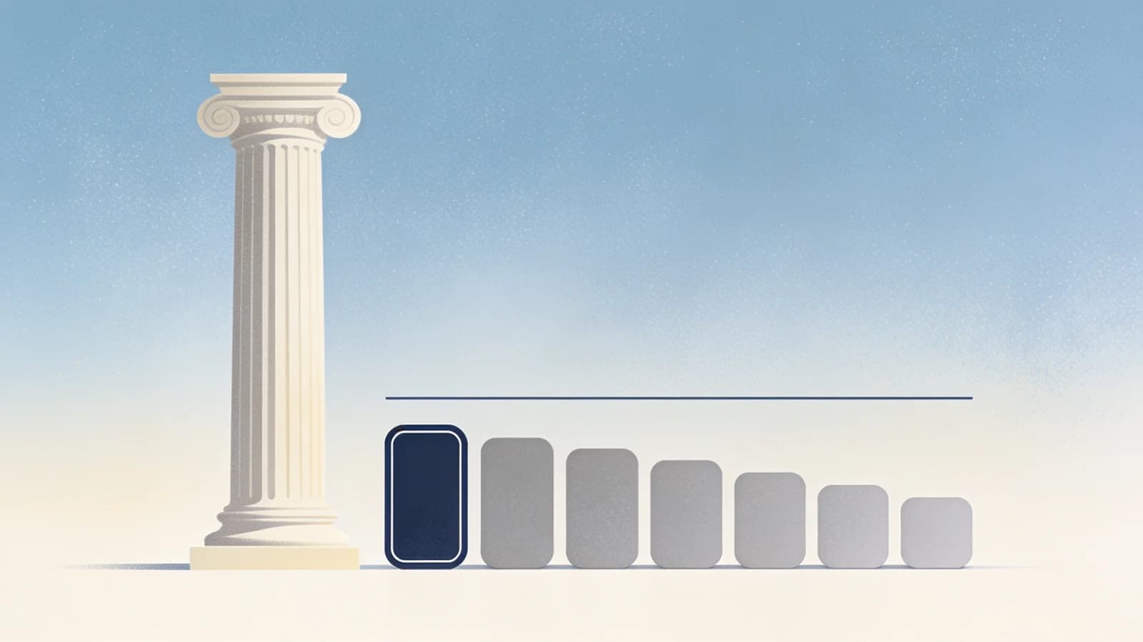 Editorial illustration of a courthouse column beside a row of vapor shapes under a public health…