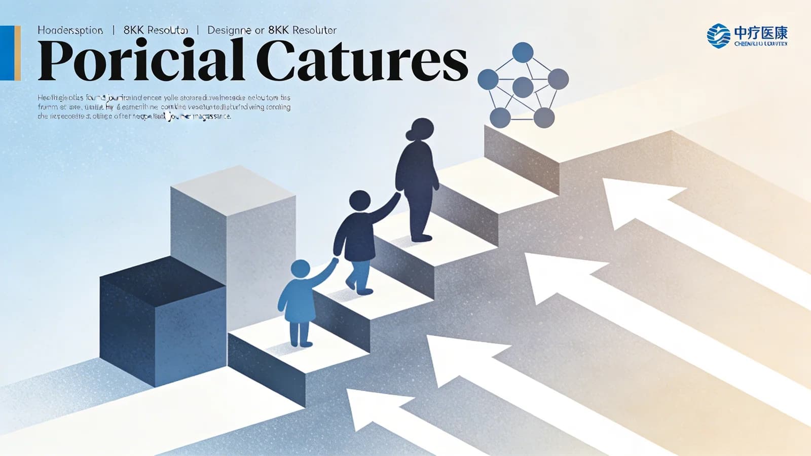 Minimalist editorial illustration of youth treatment pathway with developmental stages and family support in muted blue tones
