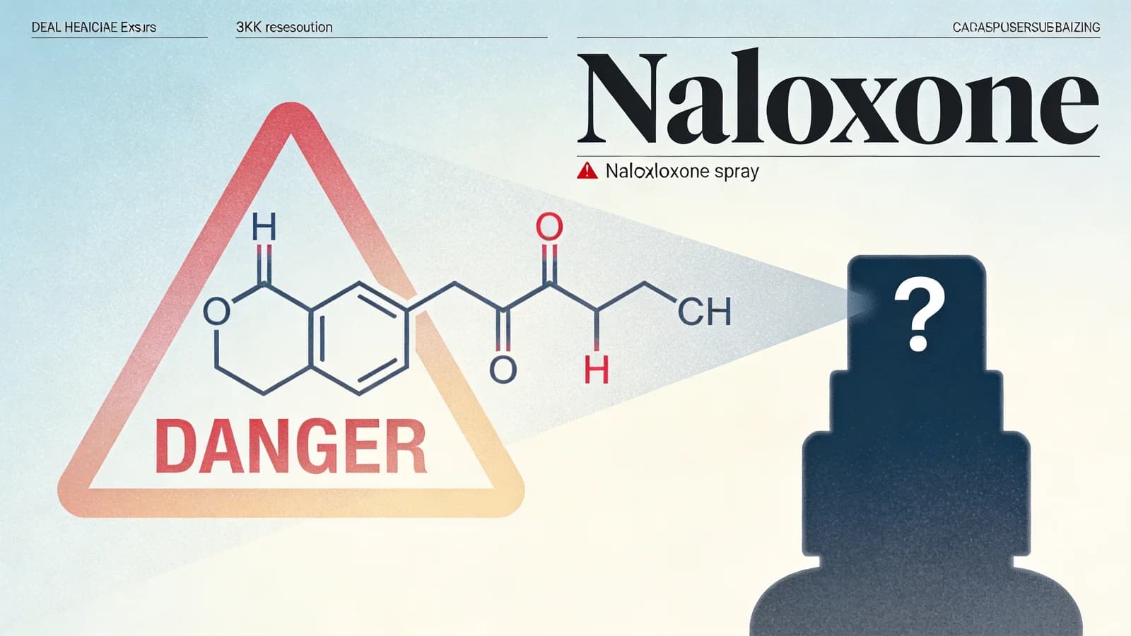 Clean editorial illustration showing molecular warning symbols, naloxone spray silhouette with question mark, and danger gradient from dark to light in muted blues and urgent reds