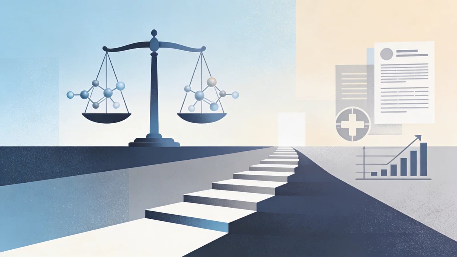 Clean editorial illustration showing scales of balance with scientific data and regulatory documents, pathway forward with cautious optimism in muted blue and warm gray tones