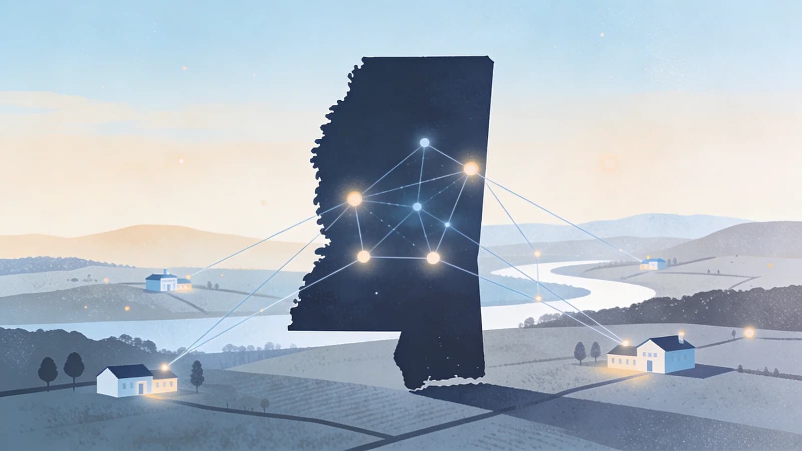 Abstract illustration of connected healthcare network across rural landscape with soft blue tones