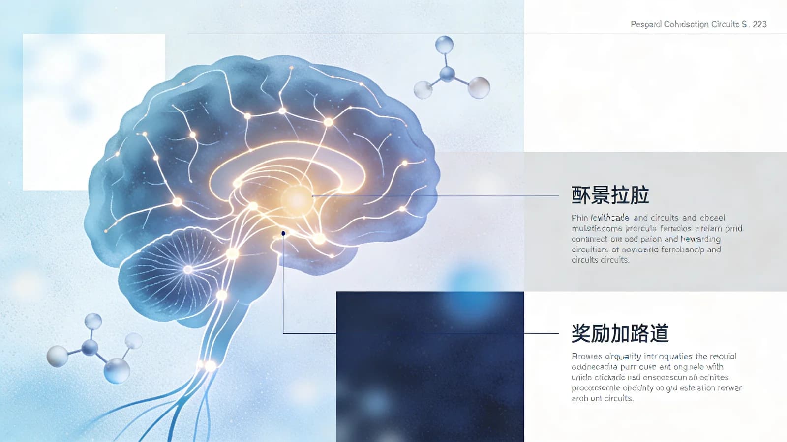 Abstract illustration of neural pathways and brain reward circuits with soft blue tones