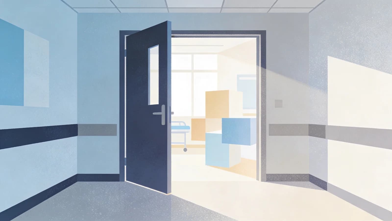 Clean editorial illustration of an open door in a medical clinic setting, symbolizing integrated…