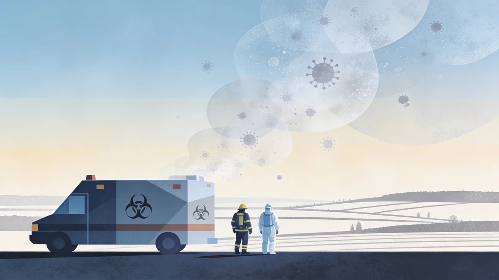 Abstract illustration of emergency response scene with geometric shapes representing first…