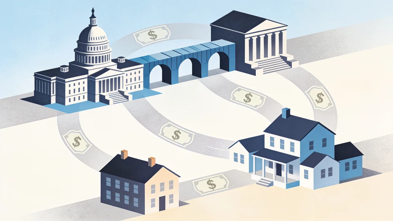 Abstract illustration of federal funding flowing to support community mental health and addiction…