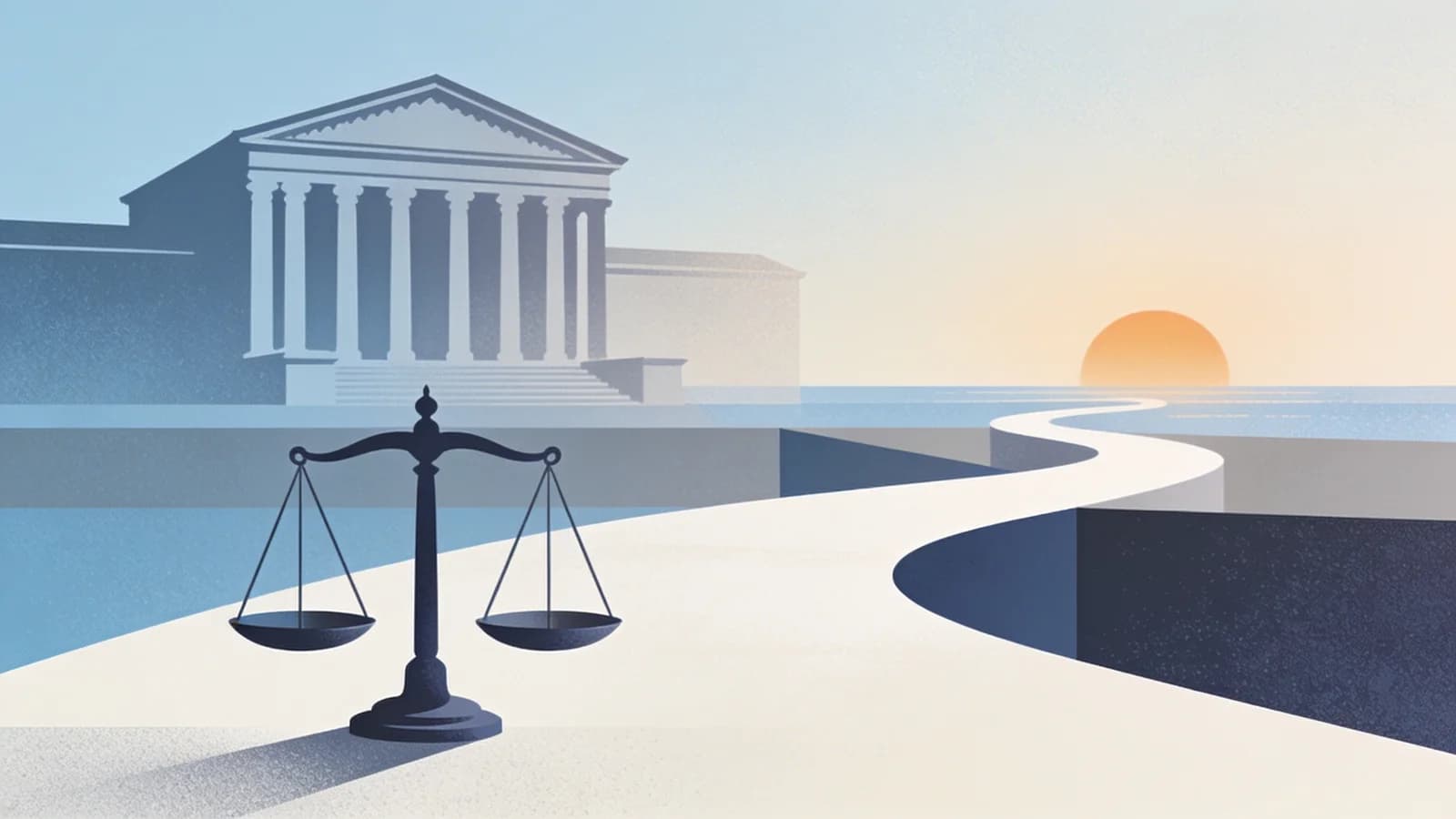 Editorial illustration of scales of justice balancing recovery pathway, representing Illinois…