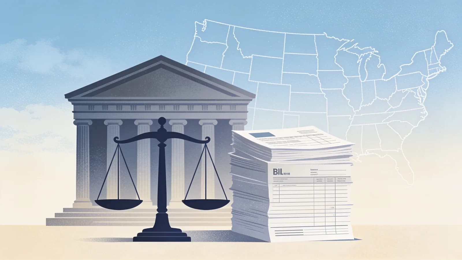 Editorial illustration of a courthouse and stacked billing ledgers representing Medicaid fraud in…