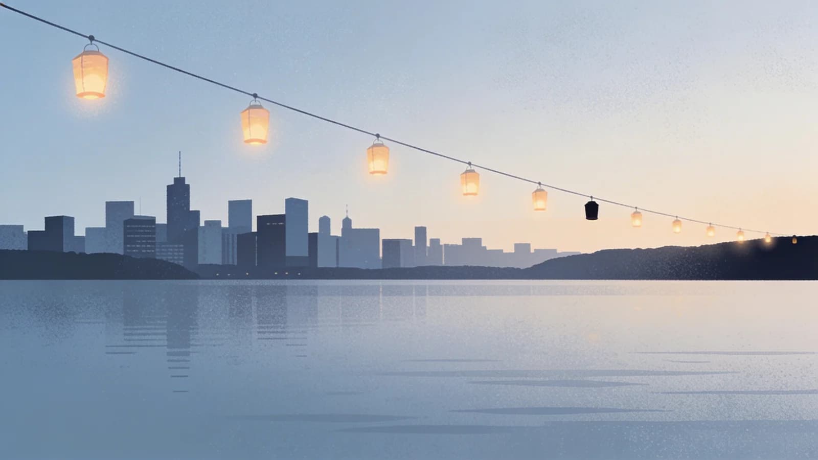 Editorial illustration of a dimming string of lights over a quiet cityscape, representing harm…