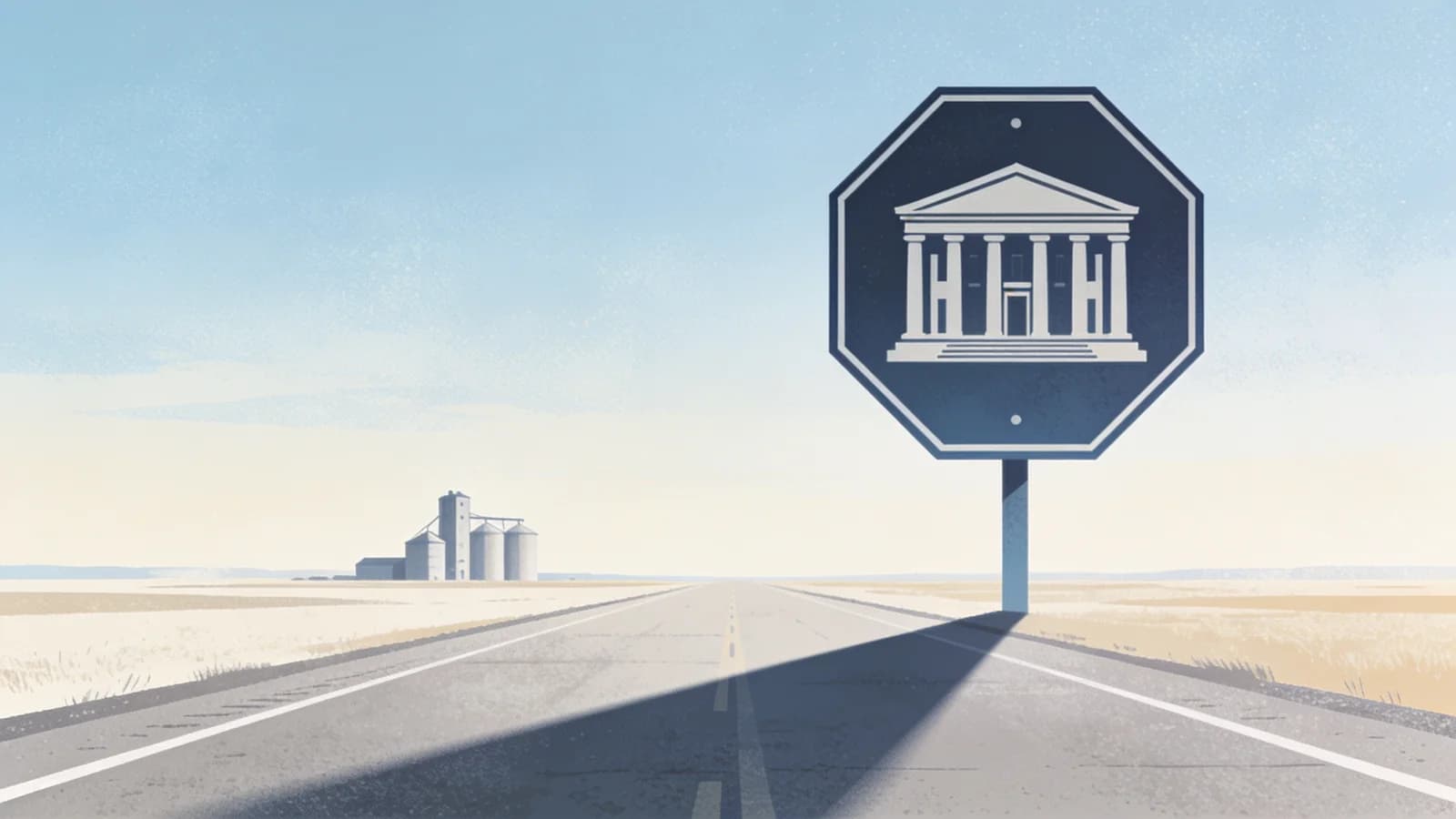 Editorial illustration of a courthouse silhouette and warning road sign over a northern plains…