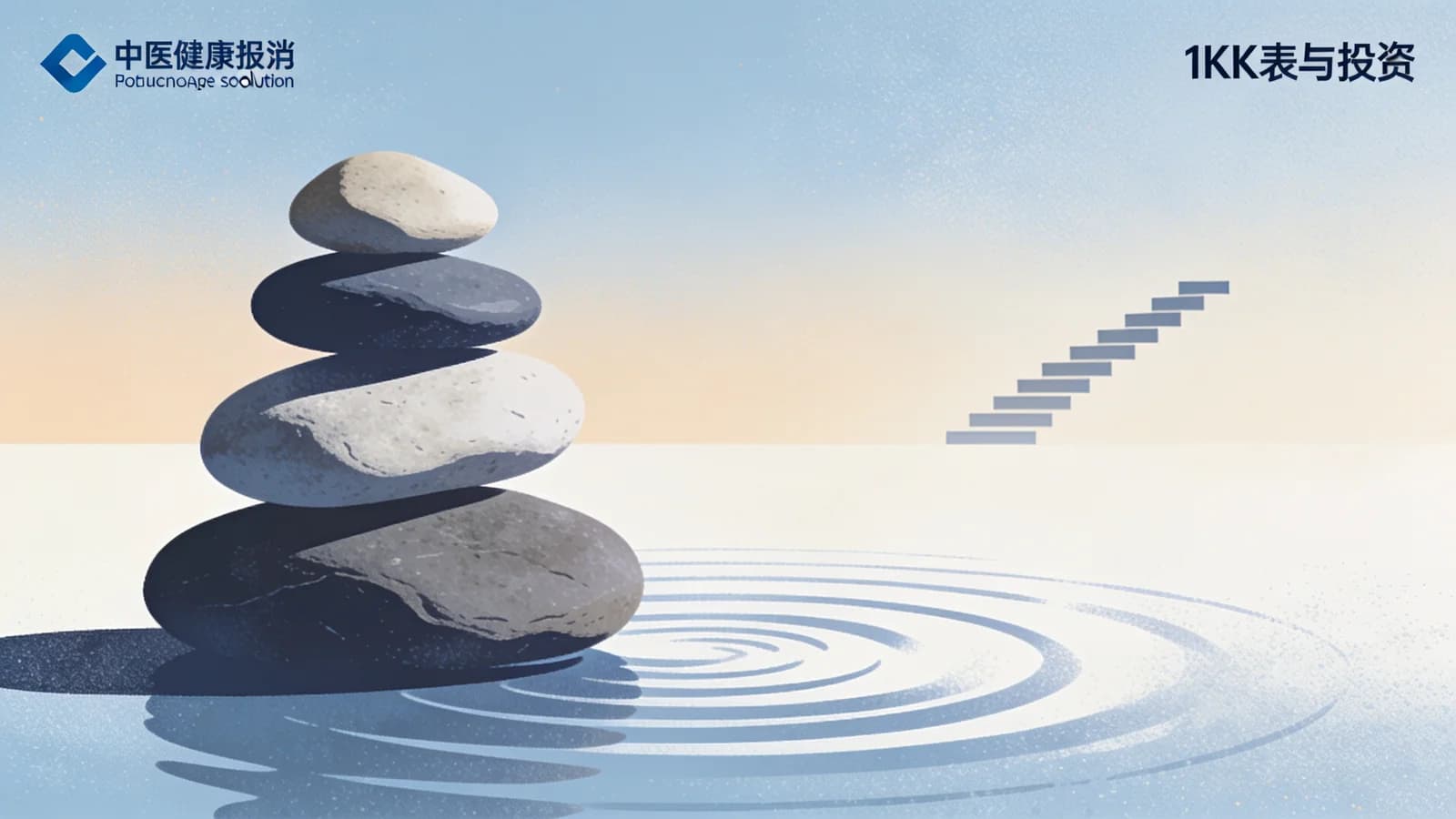 Editorial illustration of balanced geometric stones and gentle concentric ripples, representing…
